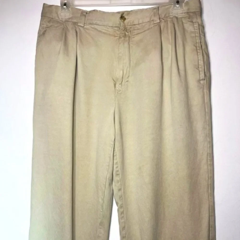 Tommy Bahama Men's Khaki Pleated Soft Beach 100% Silk Trouser Pants Sz W 36 L 34